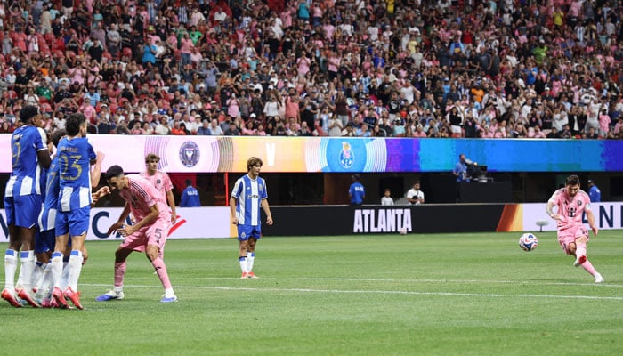 Lionel Messi #10 of Inter Miami CF scores the team’s second goal during the FIFA Club World Cup 2025 group A match between Internacional CF Miami and FC Porto at Mercedes-Benz Stadium on June 19, 2025 in Atlanta, Georgia. — AFP