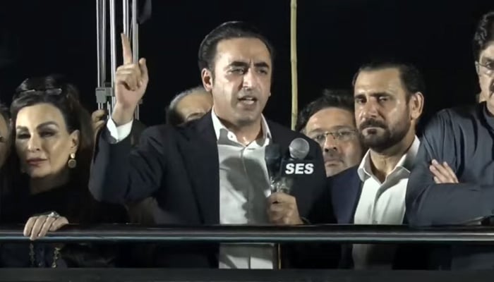 PPP Chairman Bilawal Bhutto Zardari addresses PPP rally in Karachi after leading a diplomatic mission. — Screengrab via Geo News