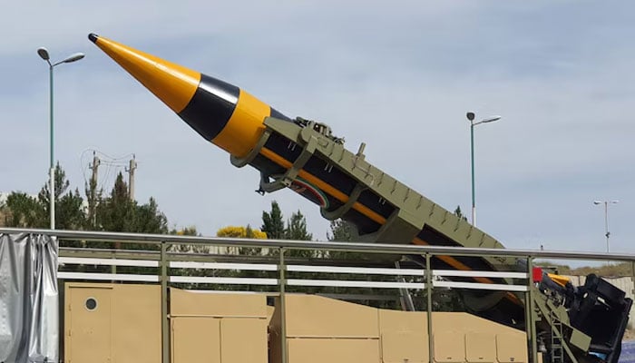 A new surface-to-surface ballistic missile called Khaibar with a range of 2,000 km, unveiled by Iran, is seen in Tehran, Iran, May 25, 2023. — Reuters