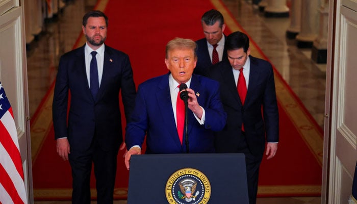 US President Donald Trump delivers an address to the nation alongside US Vice President JD Vance, US Secretary of State Marco Rubio and US Defence Secretary Pete Hegseth at the White House in Washington, DC, US June 21, 2025, following US strikes on Irans nuclear facilities. — Reuters