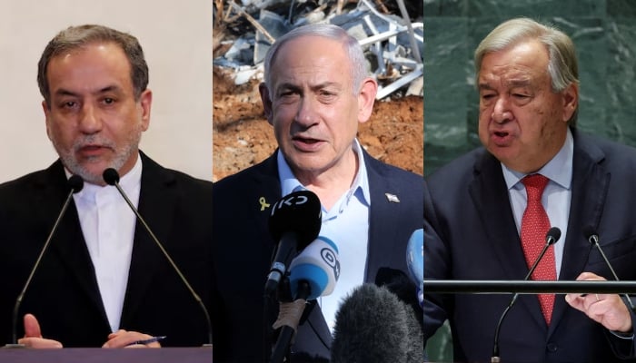 (From left to right) Iranian Foreign Minister Abbas Araghchi, Israeli Prime Minister Benjamin Netanyahu and UN Secretary-General António Guterres. — Reuters/ File