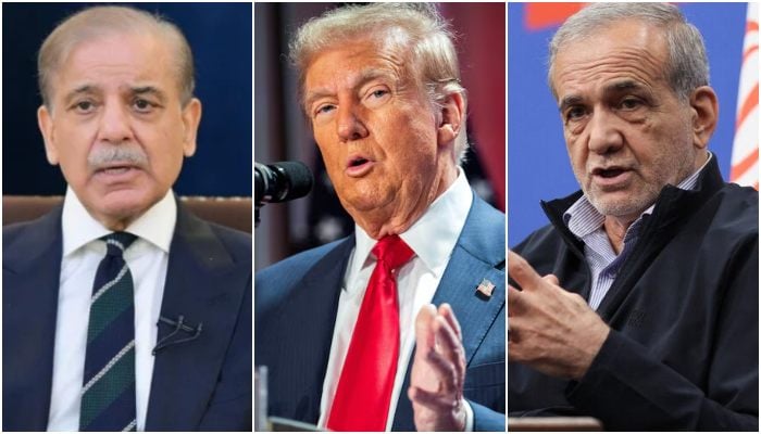 (From left to right) PM Shehbaz Sharif, US President Donald Trump, Iranian President Masoud Pezeshkian. — PID/Reuters/File