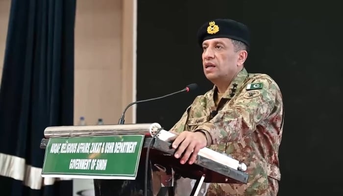 DG ISPR Lieutenant General Ahmed Sharif Chaudhry addressing an event in Karachi on June 22, 2025. — ISPR