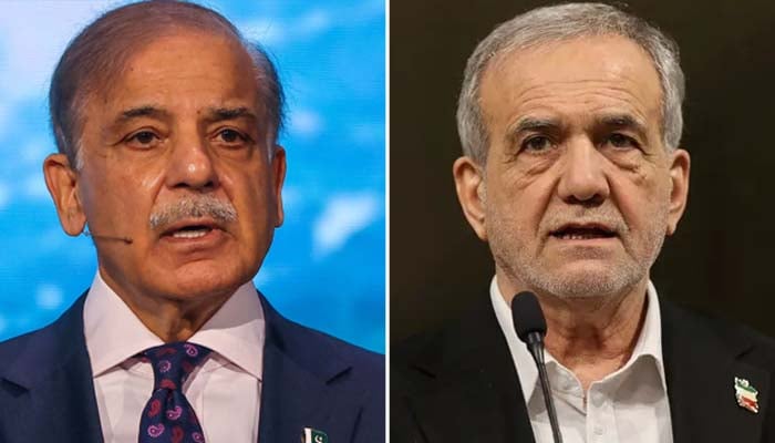 This collage shows PM Shehbaz Sharif (left) and Iranian President Masoud Pezeshkian. — AFP/Reuters/File