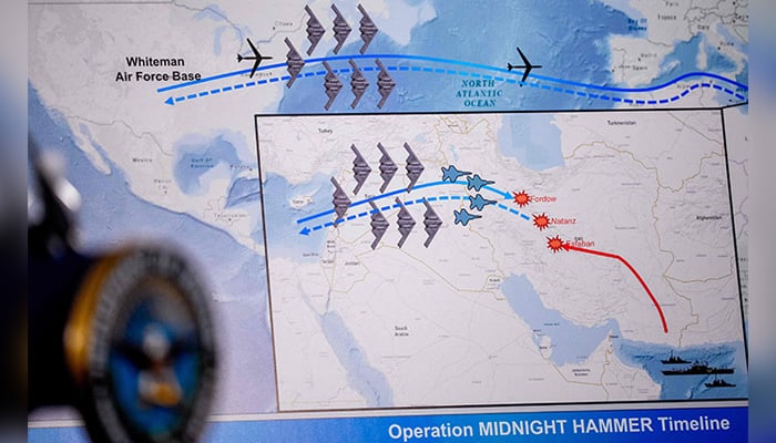An operational timeline of a strike on Iran is displayed during a news conference with Chairman of the Joint Chiefs of Staff Air Force Gen. Dan Caine and US Defence Secretary Pete Hegseth at the Pentagon on June 22, 2025 in Arlington, Virginia. — AFP