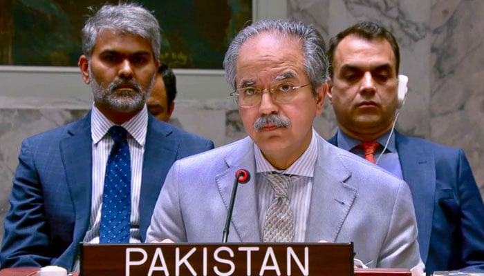 Pakistans Permanent Representative to the UN Asim Iftikhar speaks to the UNSC session on June 23, 2025. — @PakistanUN_NY