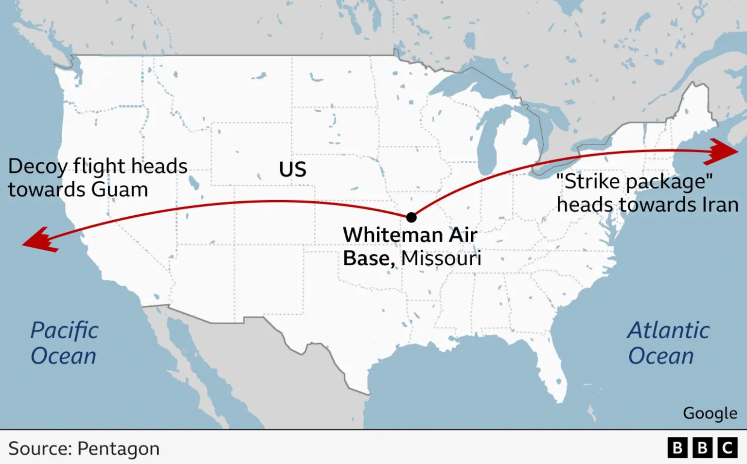 Map of decoy and actual B-2 bombers, released by Pentagon, as reported by BBC.
