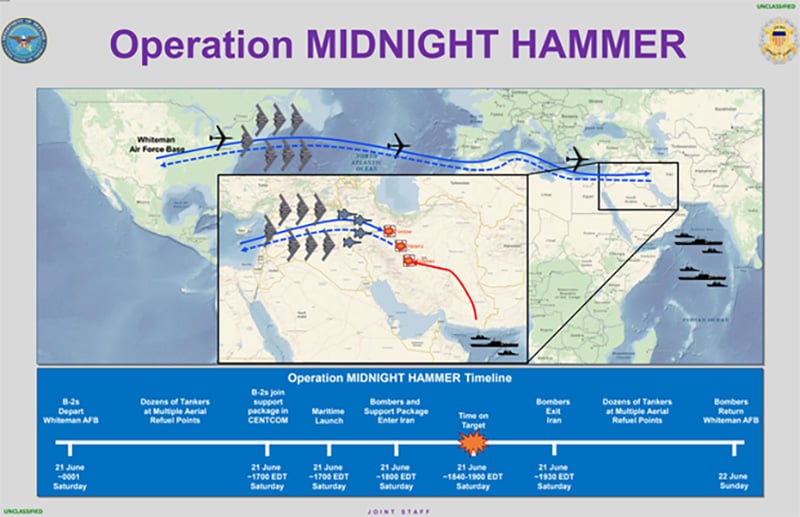 A graphic released by the Pentagon that shows the flight path and timeline of Operation Midnight Hammer.