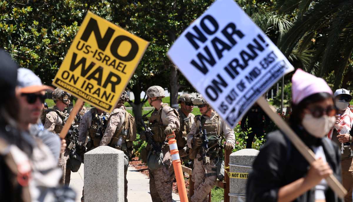 US Marines stand guard as demonstrators protest against the United States joining with Israel in attacks on Irans nuclear facilities, at a federal building in Los Angeles, California, US on June 22, 2025. — Reuters