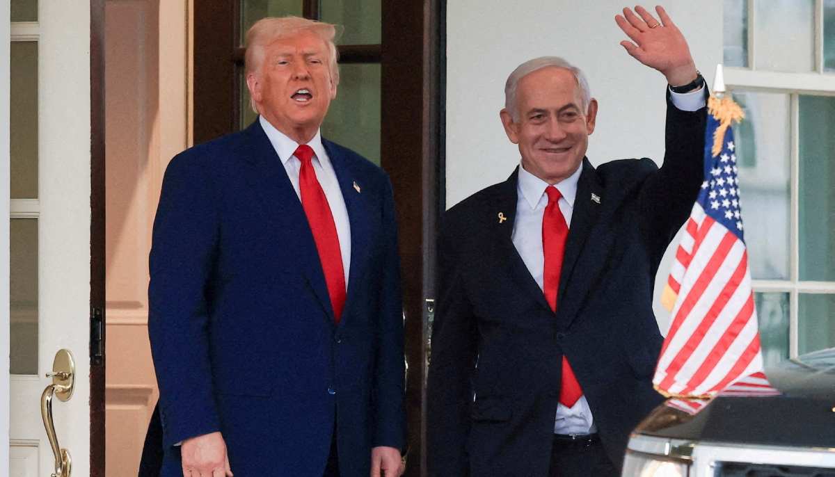 US President Donald Trump speaks as Israeli Prime Minister Benjamin Netanyahu waves following a meeting in the White House, in Washington, US, April 7, 2025. — Reuters