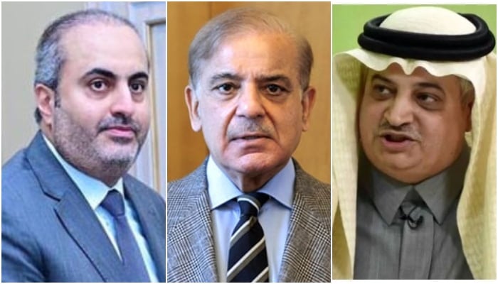 (From left to right) This collage of pictures shows Qatar’s ambassador to Pakistan Ali Mubarak Ali Essa Al-Khater, Prime Minister Shehbaz Sharif and Saudi Arabia’s envoy Nawaf bin Saeed Al Malkiy. — APP/Radio Pakistan/File
