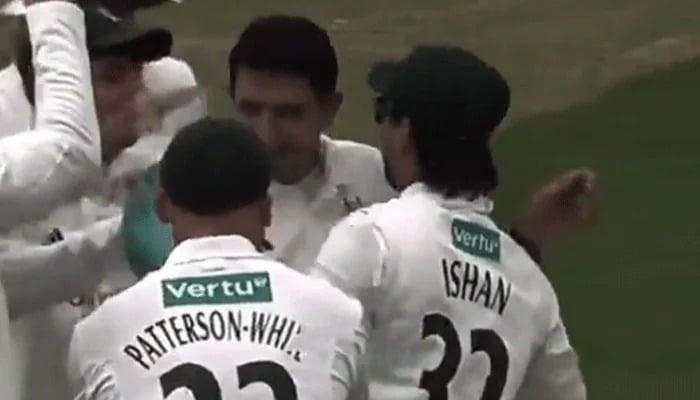 Nottinghamshire’s Mohammad Abbas (centre) and Ishan Kishan (right) celebrate a wicket with teammates on the second day of the County Championship match against Yorkshire at Nottingham on June 23, 2025. — X/@TrentBridge/Screengrab