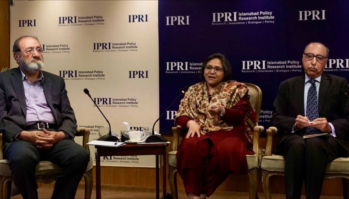 Former ambassador Naghmana A Hashmi (centre) speaks during a panel discussion in Islamabad. — LinkedIn/