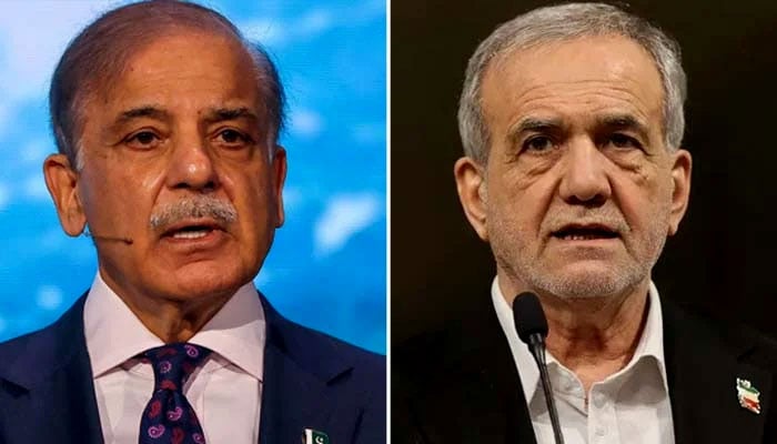 This collage shows PM Shehbaz Sharif (left) and Iranian President Masoud Pezeshkian. — AFP/Reuters/File