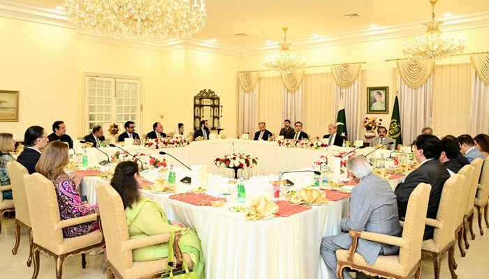 PM Shehbaz Sharif hosts dinner in honour of high-level diplomatic delegation that recently visited important world capitals to highlight Pakistan’s perspective on recent Indian aggression. — PID