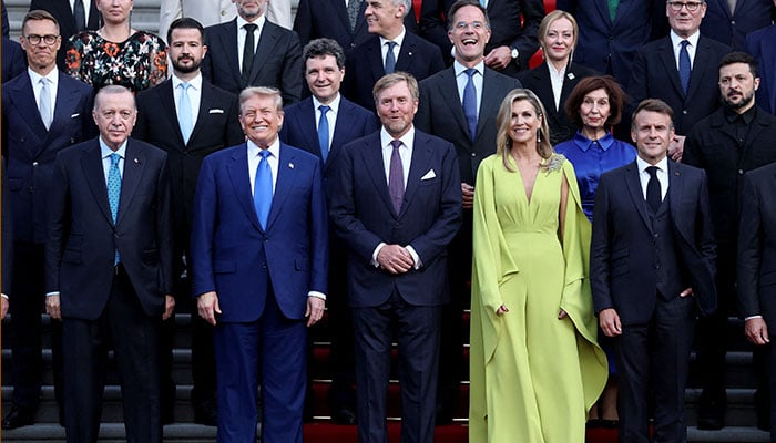 Turkeys President Tayyip Erdogan, U.S. President Donald Trump, Dutch King Willem-Alexander and Dutch Queen Maxima, Frances President Emmanuel Macron, Italian Prime Minister Giorgia Meloni, Canadian Prime Minister Mark Carney, Ukraines President Volodymyr Zelenskiy, Britains Prime Minister Keir Starmer and NATO heads of state and governments pose for a picture ahead of a dinner hosted by Dutch King Willem-Alexander and Dutch Queen Maxima, on the sidelines of a NATO Summit, at Huis ten Bosch Palace in The Hague, Netherlands June 24, 2025. — Reuters