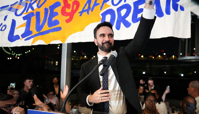 Zohran Mamdani gestures as he speaks during a watch party for his primary election, which includes his bid to become the Democratic candidate for New York City mayor in the upcoming November 2025 election, in New York City, US, June 25, 2025. — Reuters