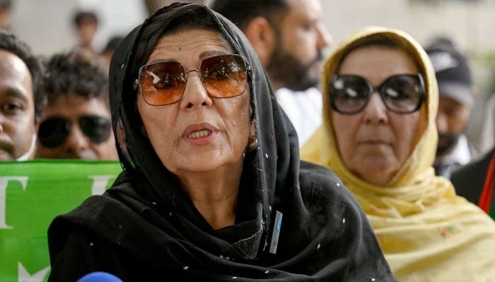 Aleema Khan, sister of  Imran Khan, speaks to the media after a court verdict outside the Islamabad High Court on June 3, 2024. — AFP