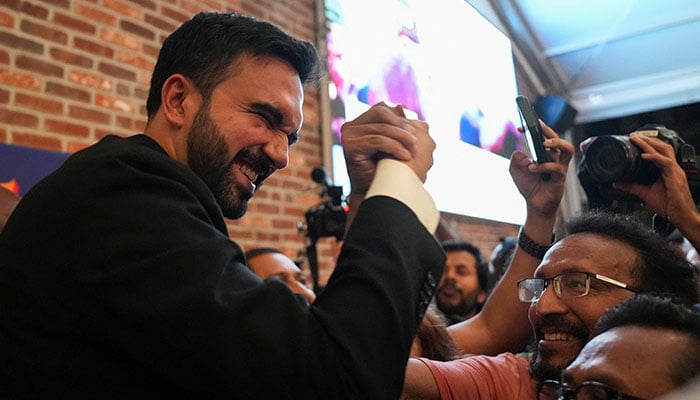 Zohran Mamdani greets a supporter during a watch party for his primary election, which includes his bid to become the Democratic candidate for New York City mayor in the upcoming November 2025 election, in New York City, US, on June 25, 2025. — Reuters