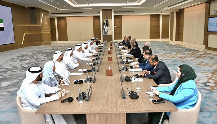 Pakistan and UAE hold JMCs working group meeting under leadership of Special Assistant to the Prime Minister Tariq Bajwa and UAE Minister of State Ahmed Ali Al Sayegh. — X/@ForeignOfficePk