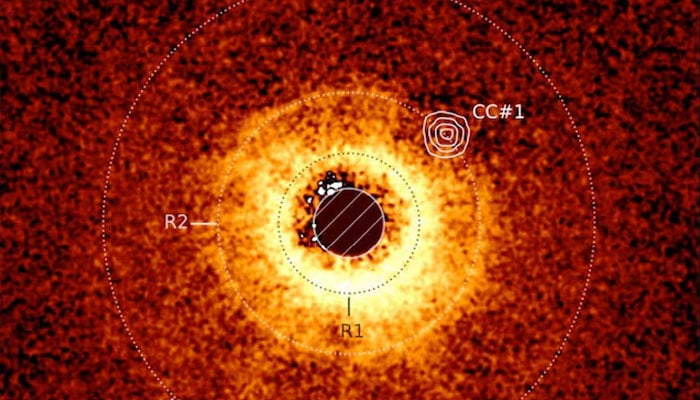 An image of the protoplanetary disk around the star TWA 7, recorded using the European Southern Observatorys Chile-based Very Large Telescopes SPHERE instrument, is seen with an image captured with the James Webb Space Telescopes MIRI instrument overlayed in this image released on June 25, 2025. — Reuters