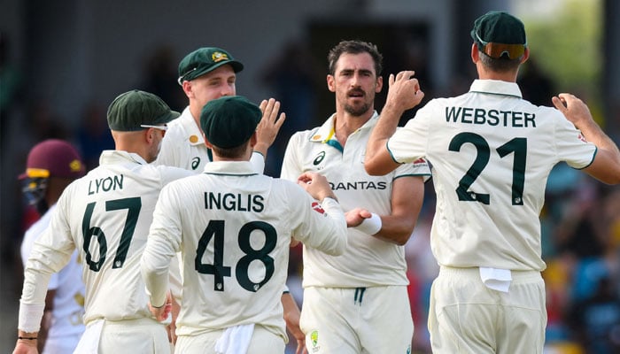 Seales, Shamar star as West Indies dominate Australia in Barbados on Day 1 3 Mitchell Starc (centre) of Australia celebrates the dismissal of John Campbell of West Indies during the 1st day of the 1st Test match between West Indies and Australia at Kensington Oval, Bridgetown, Barbados, on June 25, 2025. — AFP