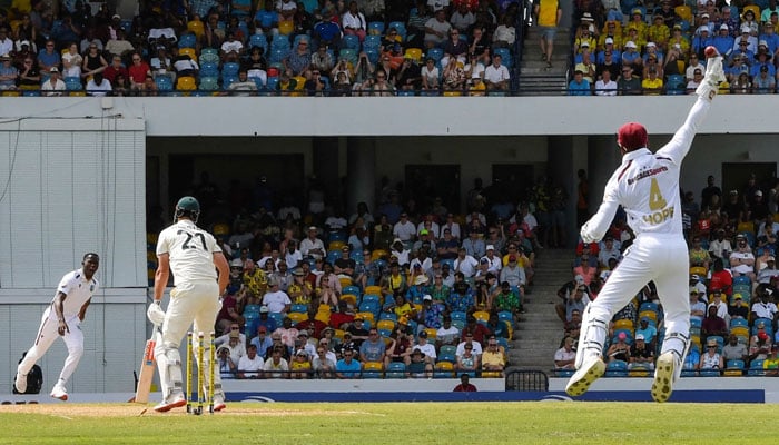 Seales, Shamar star as West Indies dominate Australia in Barbados on Day 1 2 Shai Hope (right) attempts to take a catch off Shamar Joseph (left) of West Indies during the 1st day of the 1st Test match between West Indies and Australia at Kensington Oval, Bridgetown, Barbados, on June 25, 2025. — AFP