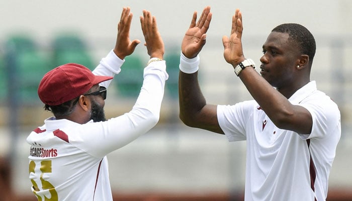 Seales, Shamar star as West Indies dominate Australia in Barbados on Day 1 4 Jayden Seales (right) of West Indies celebrates the dismissal of Josh Inglis of Australia during the first day of the 1st test match between West Indies and Australia at Kensington Oval, Bridgetown, Barbados, on June 25, 2025. — AFP