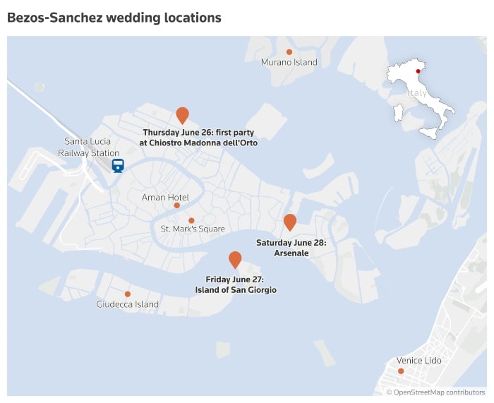 Mapping showing locations of Bezos and Sanchezs wedding festivities in Venice, Italy. — Reuters