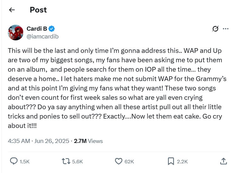 Cardi B reveals songs in her upcoming Album Am I The Drama?