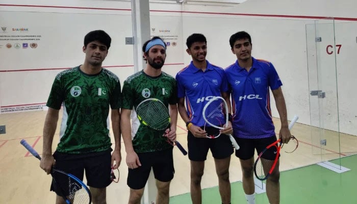 Pakistans Noor Zaman (far left) and and Nasir Iqbal (second from left) pose with Indian players Abhay Singh and Velavan Senthilkumar after the final of the Asian Doubles Squash Championship in Kuching, Malaysia, on June 25, 2025. — Reporter