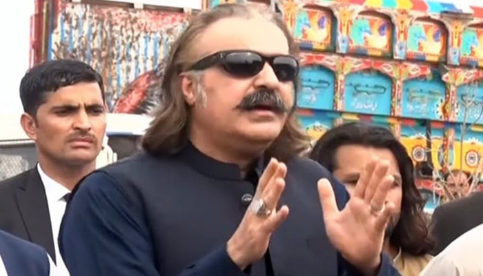 KP Chief Minister Ali Amin Gandapur addresses the media outside Adiala jail, Rawalpindi, on June 26, 2025. — Screengrab via Geo News