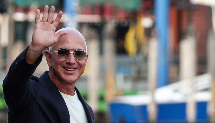 Jeff Bezos gestures as he leaves Aman Venice hotel, ahead of their expected wedding, in Venice, Italy, June 25, 2025. — Reuters