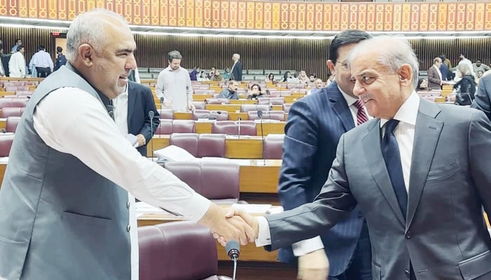 Prime Minister Shehbaz Sharif (right) meets PTI leader Asad Qaiser during a National Assembly session in Islamabad, on June 26, 2025. — Facebook@ShehbazSharif