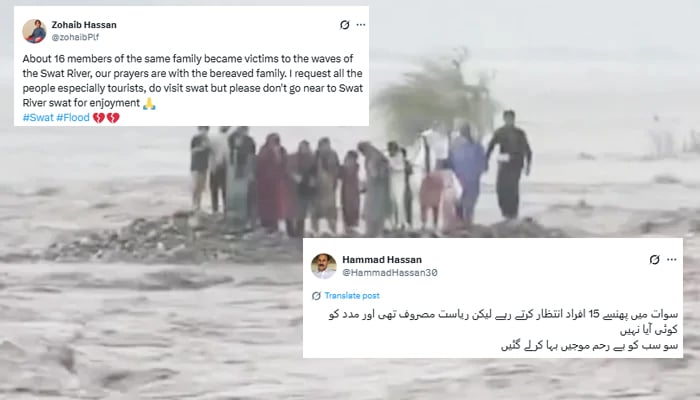 People can be seen stranded in the middle of the Swat River on June 27, 2025, in this still taken from a video. — Instagram/@geonewsdottv