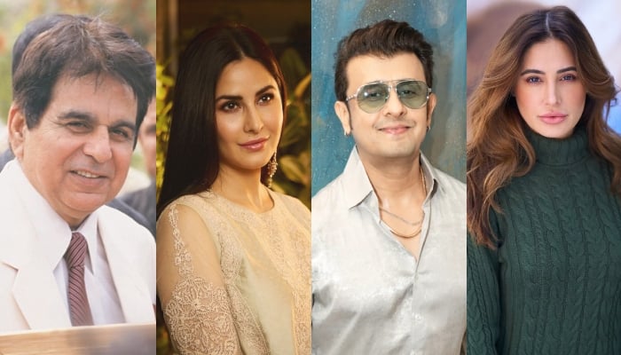 A collage of Indian stars Dilip Kumar, Katrina Kaif, Sonu Nigam and Nargis Fakhri. — Instagram@yusufkhan_forever//@katrinakaf/@sonunigamofficial/@nargisfakhri