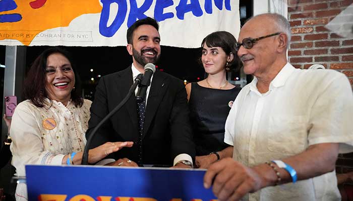 Zohran Mamdani reacts next to his parents Mahmood Mamdani and Mira Nair and wife Rama Duwaji during a watch party for his primary election in New York City, US, June 25, 2025. — Reuters