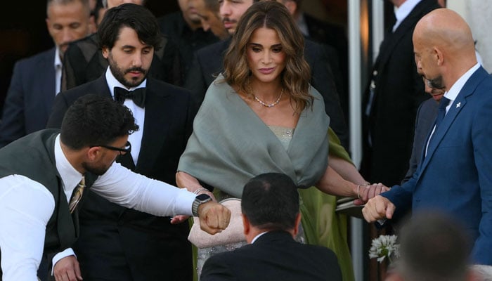 Jordans Queen Rania leaves the St Regis Hotel on the wedding day of Amazon founder Jeff Bezos with Lauren Sanchez, in Venice on June 27, 2025. — AFP