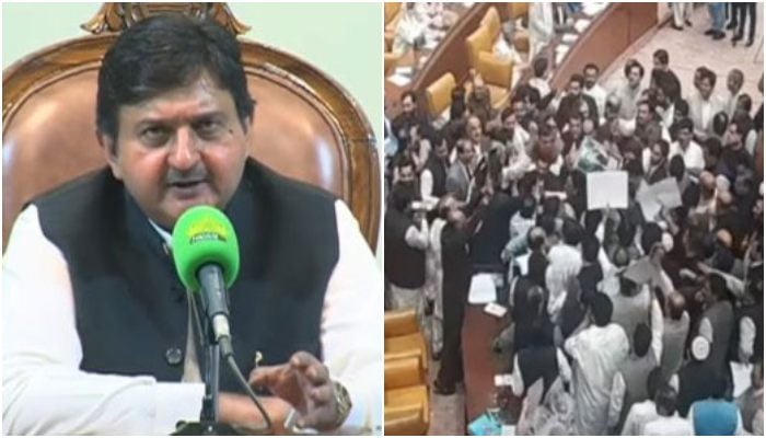 A collage showing Punjab Assembly Speaker Malik Muhammad Ahmad Khan and opposition members protesting during a session. — Screengrab via Geo News