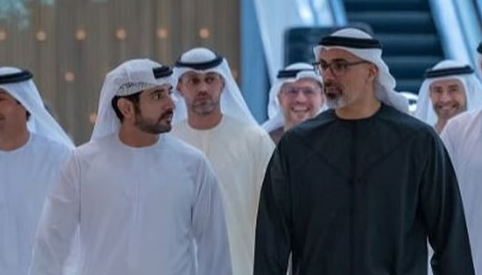Dubai Crown Prince Sheikh Hamdan bin Mohammed Al Maktoum and Abu Dhabi Crown Prince Sheikh Khaled bin Mohamed Al Nahyan during their visit at Dubai Mall in this still taken from a video. — X@HSajwanization
