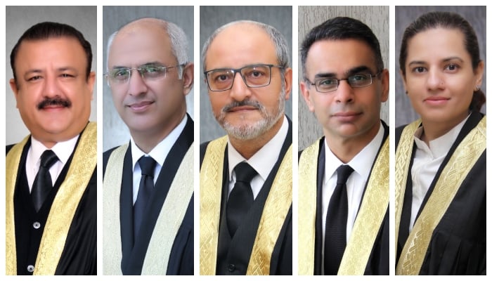(From left) Justice Tariq Mehmood Jahangiri, Justice Mohsin Akhtar Kiyani, Justice Sardar Ejaz Ishaq, Justice Babar Sattar, and Saman Riffat Imtiaz. — IHC website