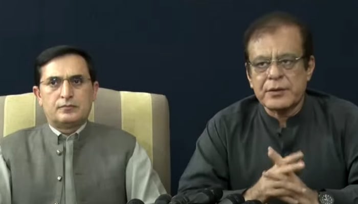 PTI Chairman Barrister Gohar Ali Khan (left) and Senator Shibli Faraz address a press conference in Islamabad on June 28, 2025. — Screengrab via Geo News