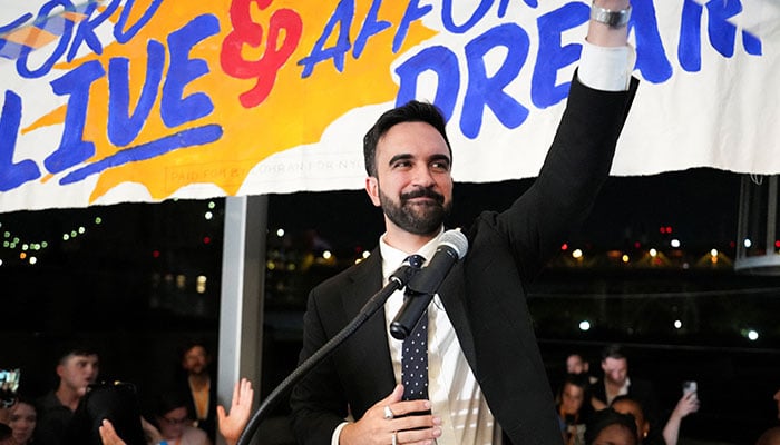 Zohran Mamdani gestures as he speaks during a watch party for his primary election, which includes his bid to become the Democratic candidate for New York City mayor in the upcoming November 2025 election, in New York City, US, on June 25, 2025 — Reuters
