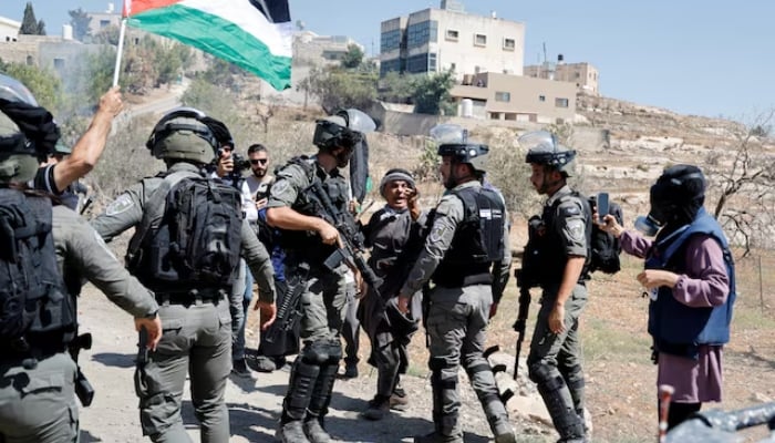 Palestinian protestor reacts during a protest against Israeli settlements near Nablus in the Israeli-occupied West Bank on September 15, 2023. — Reuters