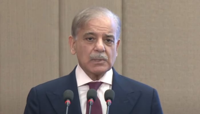 Prime Minister Shehbaz Sharif addressing an event in Islamabad on June 29, 2025. — Screengrab/YouTube/Geo News