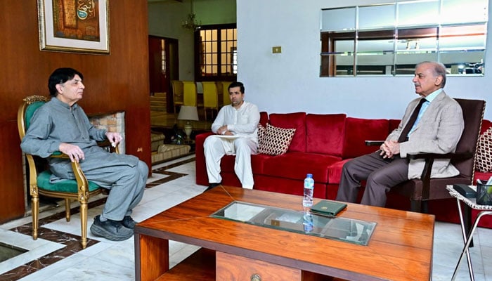 Prime Minister Shehbaz Sharif (right) meets former interior minister and veteran politician Chaudhry Nisar Ali (left) in Islamabad on June 29, 2025. — X/@pmln_org