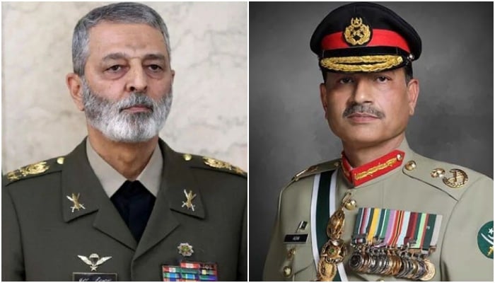 Chairman of the Chief of Staff of Iran’s Armed Forces Major General Abdolrahim Mousavi (left) and Field Marshal Asim Munir, Chief of Army Staff (COAS). — IRNA/ISPR/File