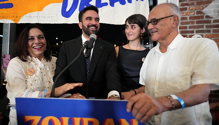 Zohran Mamdani reacts next to his parents Mahmood Mamdani and Mira Nair and wife Rama Duwaji during a watch party for his primary election, which includes his bid to become the Democratic candidate for New York City mayor in the upcoming November 2025 election, in New York City, US, June 25, 2025. — Reuters