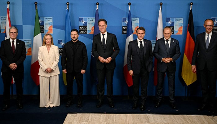 European leaders pose for a group photo during the meeeting between the NATO secretary general and Ukrainian president with leaders of E5 Group on the sideline of the North Atlantic Treaty Organisation (NATO) summit in The Hague, Netherlands on June 25, 2025. — Reuters