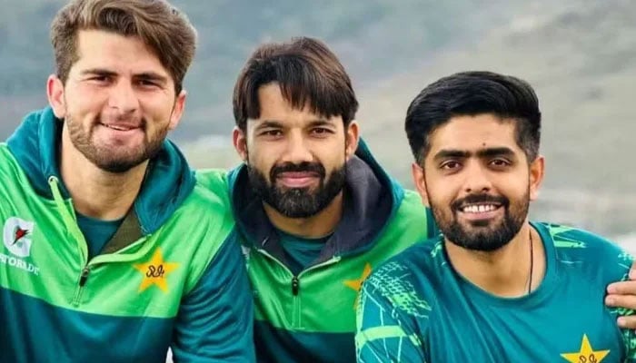 An undated picture of Pakistan cricketers Shaheen Shah Afridi (left), Mohammad Rizwan (centre) and Babar Azam (right) during a training session. — PCB/File